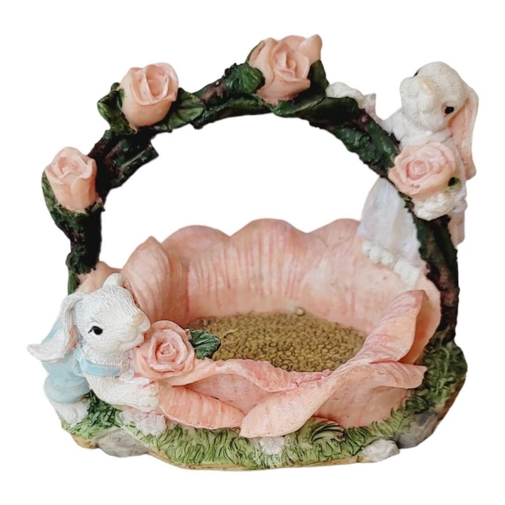 Vintage Easter Basket Candle Holder With Bunny Rabbits Pink Flowers Floral